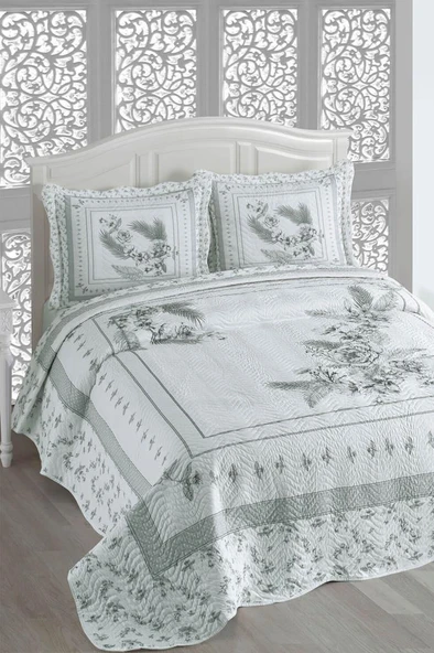 Asya Baskılı Kapitoneli Çift Kişilik Yatak Örtüsü Gri ürün görseli