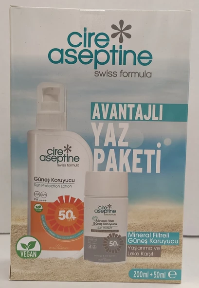CİRE ASEPTİNE YAZ PAKETİ GÜNEŞ KORUYUCU LOSYON 50+SPF 200ML+ MİNERAL FLİTRELİ YAŞLANMA VE LEKE KARŞITI  50ML ürün görseli 1