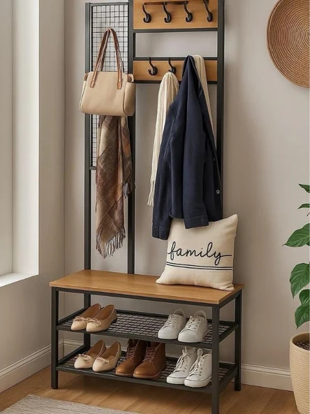 Metal Portmanto, Elbise Askılığı, Vestiyer, Ayakkabılık, Siyah, Tel Askılık - 6