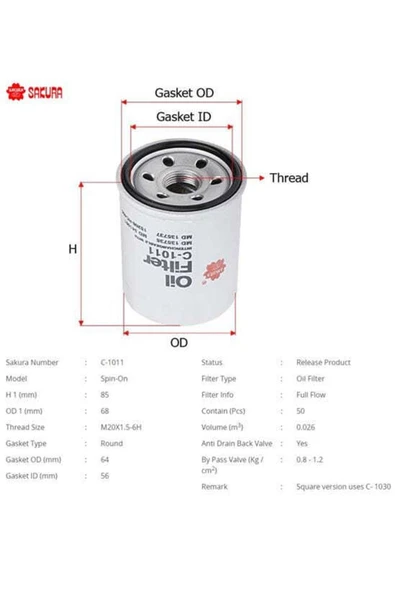 Sakura C1011 Yağ Filtresi 323 90-02 Pride 90- Rio 00-sephia Shuma 94- ürün görseli 1