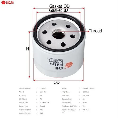 Sakura C16260 Yağ Filtresi Civic I Dtec 13- Rav4 Re6 14- Grand Vitara 05-15 ürün görseli 1