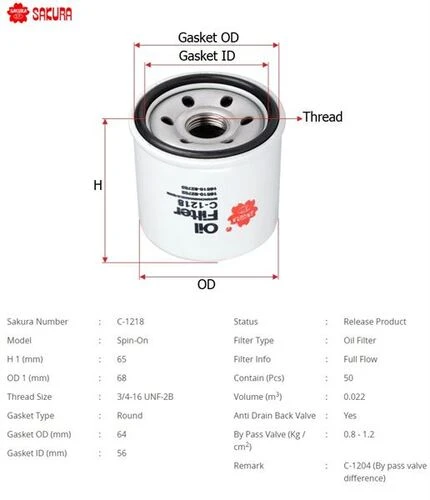 Sakura C1218 Yağ Filtresi Carry : Swift 1.2 11-16 : Vitara 1.4 15- : Alto 94- : Yağ Filtresi 37877428 ürün görseli 1