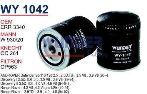 Wunder WY1042 YAĞ FİLTRESİ - RANGE ROVER I-II 94-02 DISCOVERY 1-2