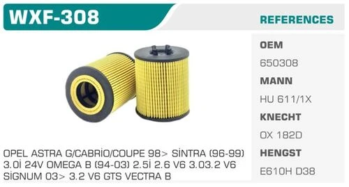 Winkel WXF -308 Yağ Filtresi Astra G Vectra B C Omega B 1.8 16V 2.5 V6 3.0 V6 Eco ürün görseli 1