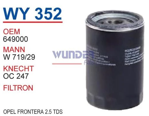 Wunder WY352 YAĞ FİLTRESİ - OPEL FRONTERA A 2,5 TDS - 1