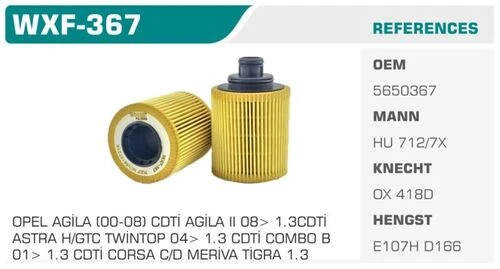 Winkel WXF -367 Yağ Filtresi Palio Albea Doblo / Astra H 1.3 Jtd 1.3 Cdtı Z13Dt Z13Dth ürün görseli 1