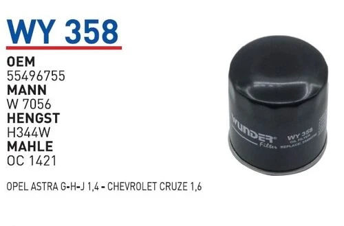 Wunder WY358 YAĞ FİLTRESİ - OPEL ASTRA G-H-J 1,4 - CHEVROLET CRUZ - 1