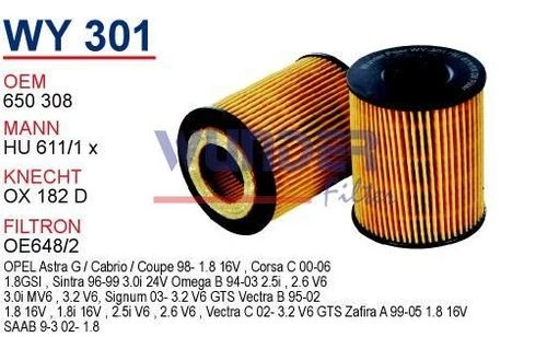 Wunder WY301 YAĞ FİLTRESİ - OPEL VECTRA 1.8 - 1