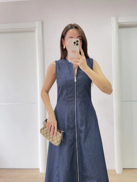 Jeans Kot Önü Tam Fermuarlı Uzun Elbise - Mavi - 2