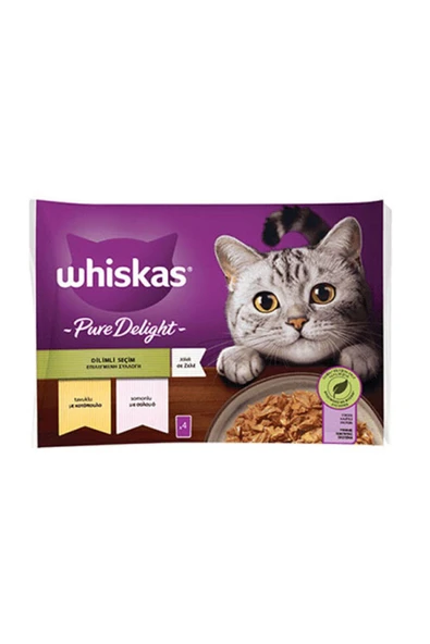 Whiskas Pouch Pure Delight Jöle İçinde Tavuklu ve Somonlu Yetişkin Kedi Konservesi 85 gr 4'lü