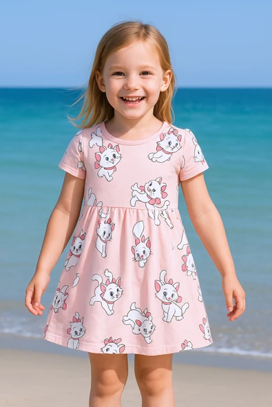 KIZ ÇOCUK ELBİSE FIRFIRLI KEDİCİK BASKILI B36 - Resim 4