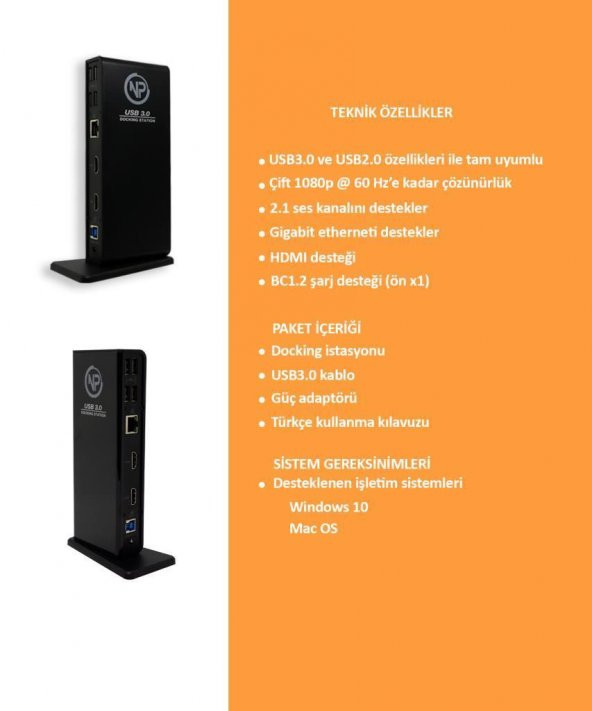 NPO TCD-102 MacOS/Windows 4k 60hz 2xHDMI 4xUSB2.0 2xUSB3.1 1xTypeB 2x3,5mm Gigabit Docking Station (Silinecek) - 6