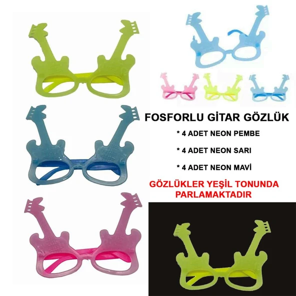 Nessiworld  Fosforlu Gitar Model Glow Parti Gözlüğü Karanlıkta Yanan Gözlükler 12 Adet
