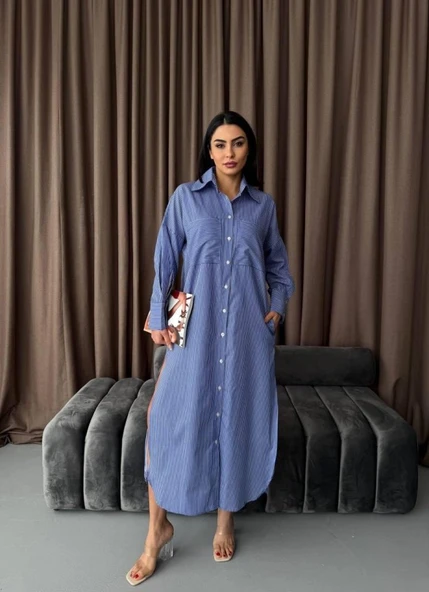 Çizgili Midi Gömlek Elbise - 5
