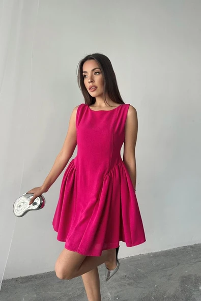 Fuşya Mini Boy Büzgülü Keten Elbise - 4