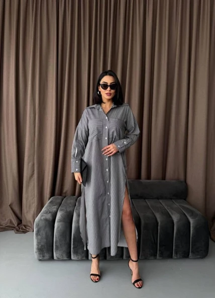 Çizgili Midi Gömlek Elbise - 4
