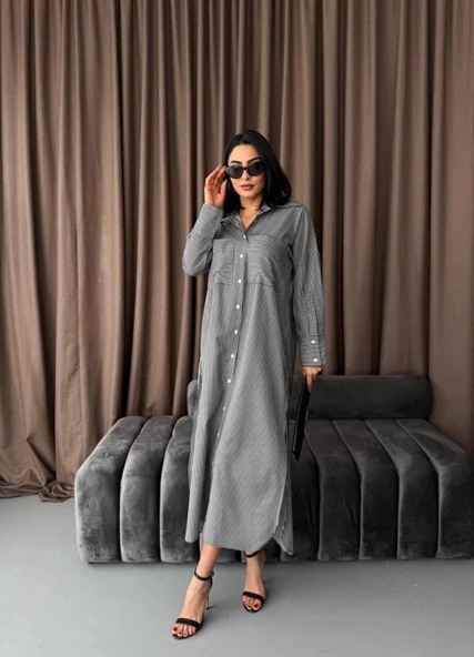 Çizgili Midi Gömlek Elbise - 5