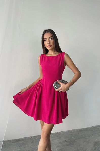 Fuşya Mini Boy Büzgülü Keten Elbise - 3