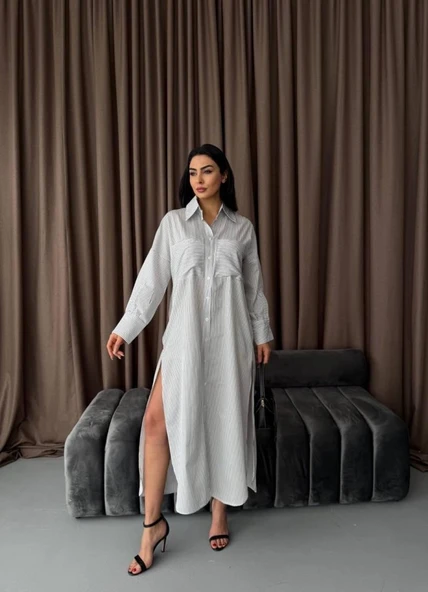 Çizgili Midi Gömlek Elbise - 3