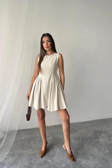 Bej Mini Boy Büzgülü Keten Elbise - 2