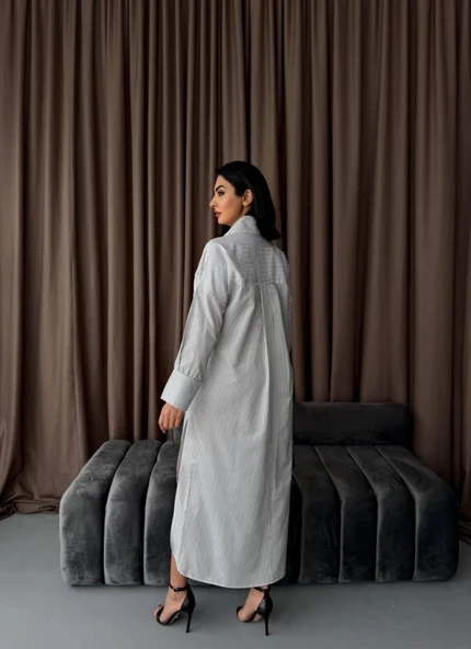 Çizgili Midi Gömlek Elbise - 4