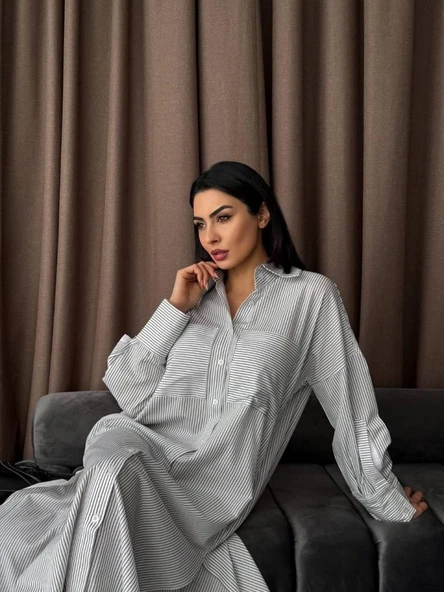 Çizgili Midi Gömlek Elbise