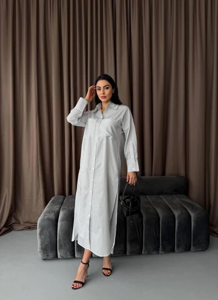 Çizgili Midi Gömlek Elbise - 5