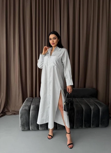 Çizgili Midi Gömlek Elbise - 2