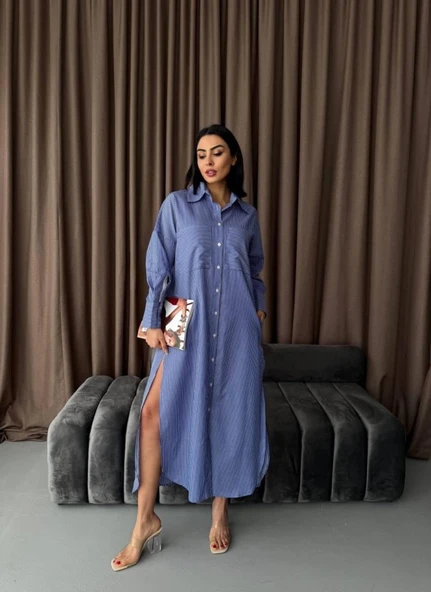 Çizgili Midi Gömlek Elbise - 4