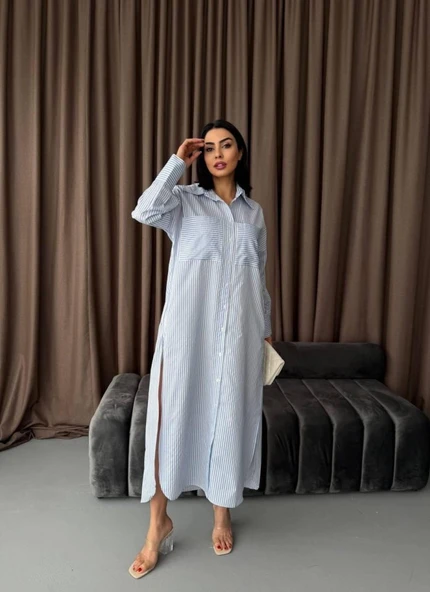 Çizgili Midi Gömlek Elbise - 5