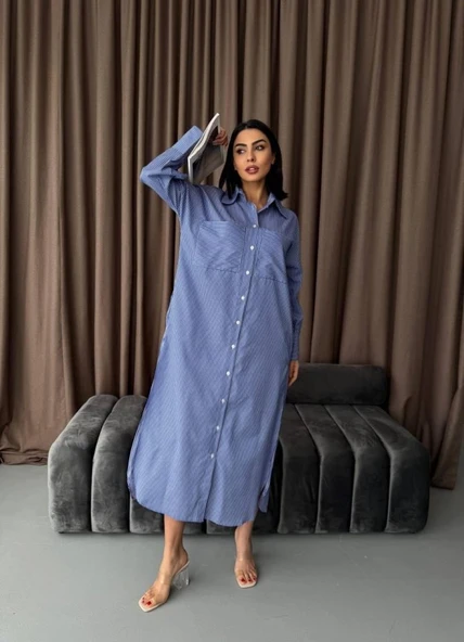 Çizgili Midi Gömlek Elbise - 3