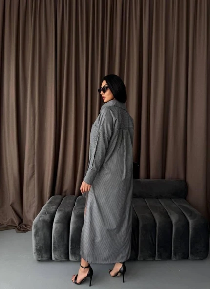 Çizgili Midi Gömlek Elbise - 3