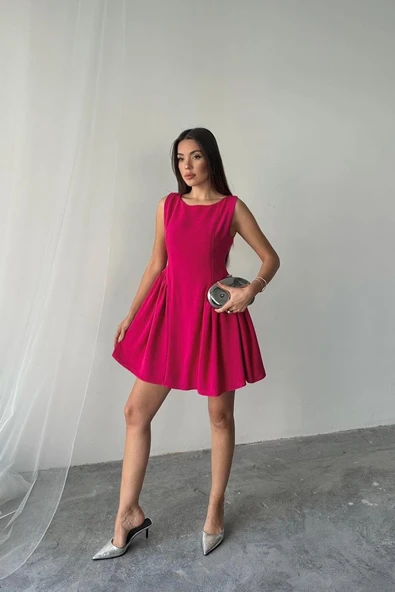 Fuşya Mini Boy Büzgülü Keten Elbise - 2