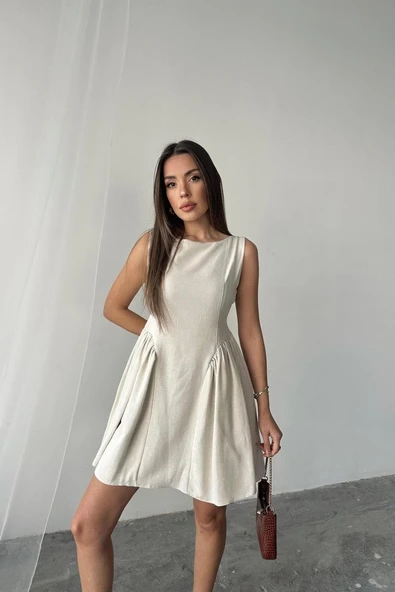 Bej Mini Boy Büzgülü Keten Elbise - 4