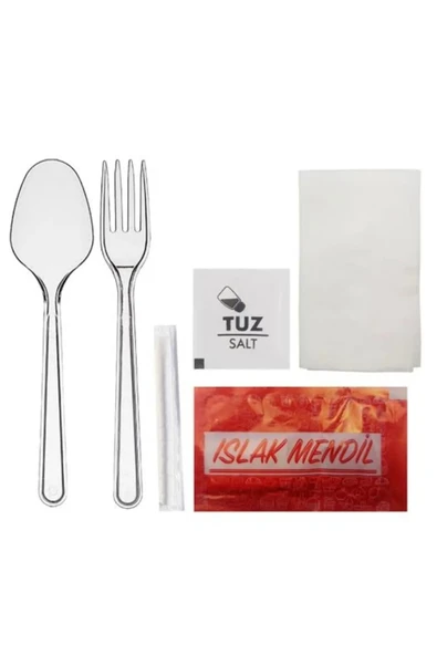 Kullan AT 6'Lı Lüks SET - Kaşık+Çatal+Islak mendil+Kurdan+Peçete+Tuz (1Pk - 10 adet)