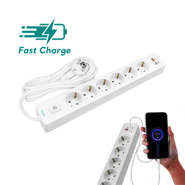 Byes BY80-141 6'lI Anahtarlı USB Hızlı Şarjlı 2m Kablolu Topraklı Priz | 20W PD QC Destekli - 4