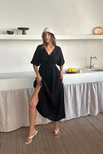 V YAKA DÖKÜMLÜ ELBİSE - Siyah - 3