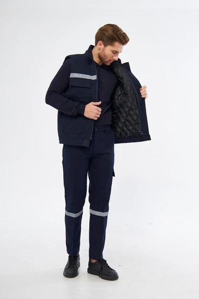 mervem Safety Yelek Pantolon 7/7 Gabardin %100 Pamuk Kapitoneli Reflektörlü Kışlık Lacivert - 5