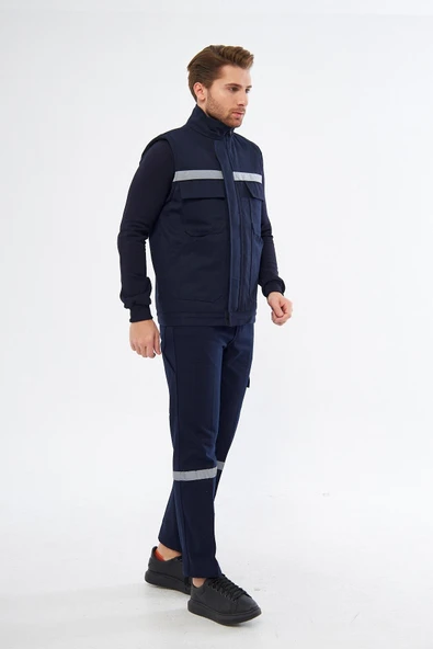mervem Safety Yelek Pantolon 7/7 Gabardin %100 Pamuk Kapitoneli Reflektörlü Kışlık Lacivert - 6