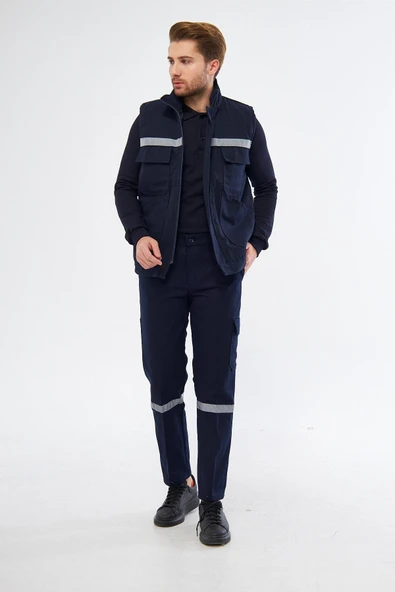 mervem Safety Yelek Pantolon 7/7 Gabardin %100 Pamuk Kapitoneli Reflektörlü Kışlık Lacivert - 3