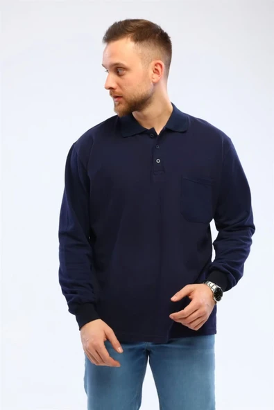 Alcteks Sweatshirt 2 İplik Polo Yaka Lacivert Uzun Kol