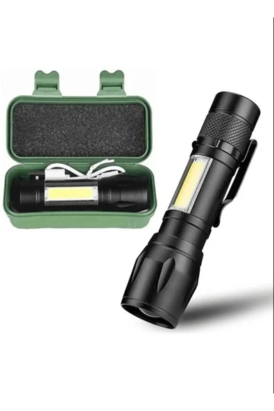 Torka Dayanıklı USB Şarjlı El Feneri Uzun Menzilli Flaşörlü Zoomlu Kamp Deprem Çanta Metal El Feneri