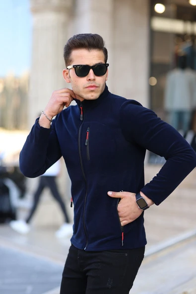 Alvora Lacivert Shoftsell Erkek Polar Standart Kalıp Tam Fermuarlı 3 Çepli Erkek Hırka Outdoor