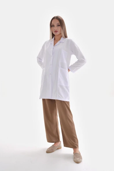 AZİM Gömlek Yaka Orta Boy Özel Kesim Beyaz Önlük Kadın Doktor Öğretmen Hemşire Öğrenci Laboratuvar Önlüğü - 3