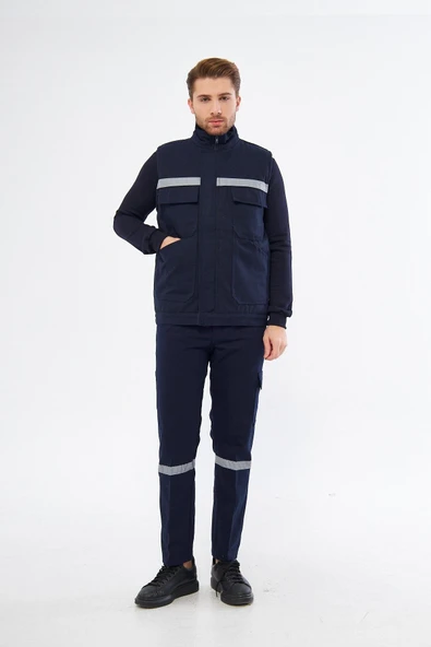 mervem Safety Yelek Pantolon 7/7 Gabardin %100 Pamuk Kapitoneli Reflektörlü Kışlık Lacivert - 1