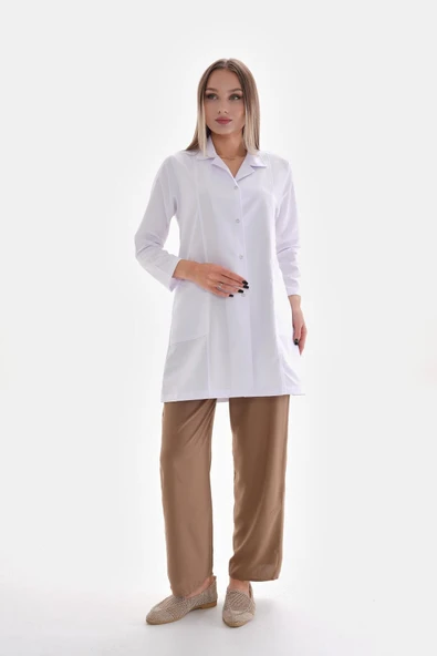 AZİM Gömlek Yaka Orta Boy Özel Kesim Beyaz Önlük Kadın Doktor Öğretmen Hemşire Öğrenci Laboratuvar Önlüğü - 2