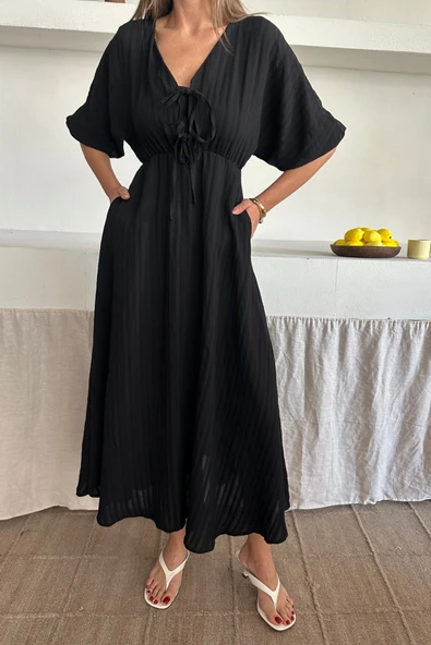 V YAKA DÖKÜMLÜ ELBİSE - Siyah - 2