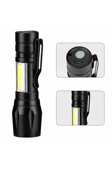 Torka Dayanıklı USB Şarjlı El Feneri Uzun Menzilli Flaşörlü Zoomlu Kamp Deprem Çanta Metal El Feneri - 2