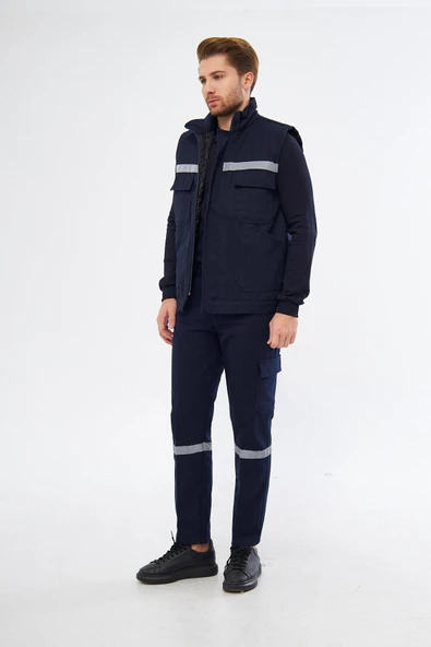 mervem Safety Yelek Pantolon 7/7 Gabardin %100 Pamuk Kapitoneli Reflektörlü Kışlık Lacivert - 4