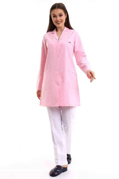 Bilenn Tekstil Doktor Öğretmen Kadın Önlük Ara Boy Ceket Yaka - 12 Açık Pembe - 3